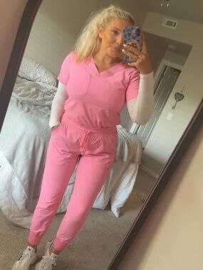 Pink Medical Scrub Set - V-Neck Top & Drawstring Jogger Pants